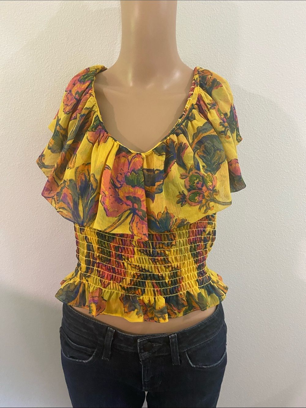 Misa Los Angeles Yellow Floral Ruffle Smocked Crop Top Sz M